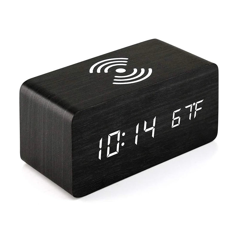 Wooden Digital Alarm Clock with Wireless Charging, LED Clock with Time
