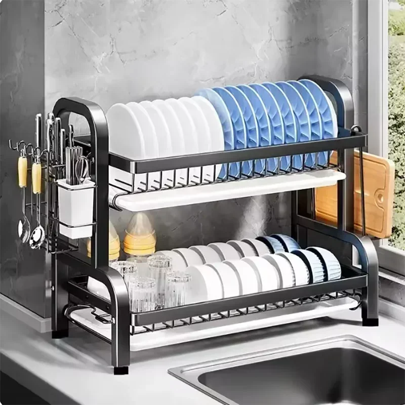Stainless Steel Kitchen Countertop Dish Drainer with Utensil Holder