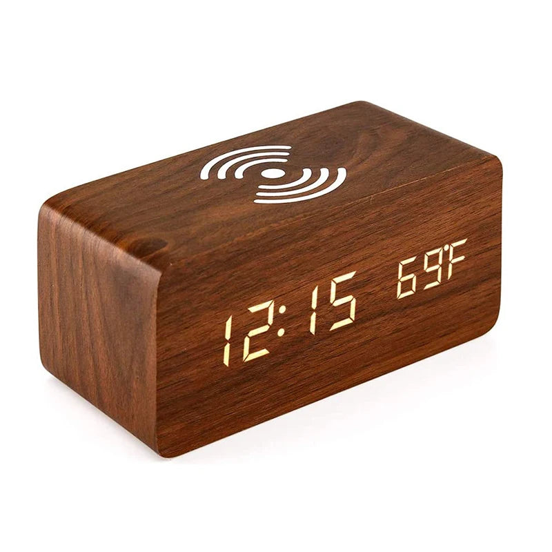 Wooden Digital Alarm Clock with Wireless Charging, LED Clock with Time
