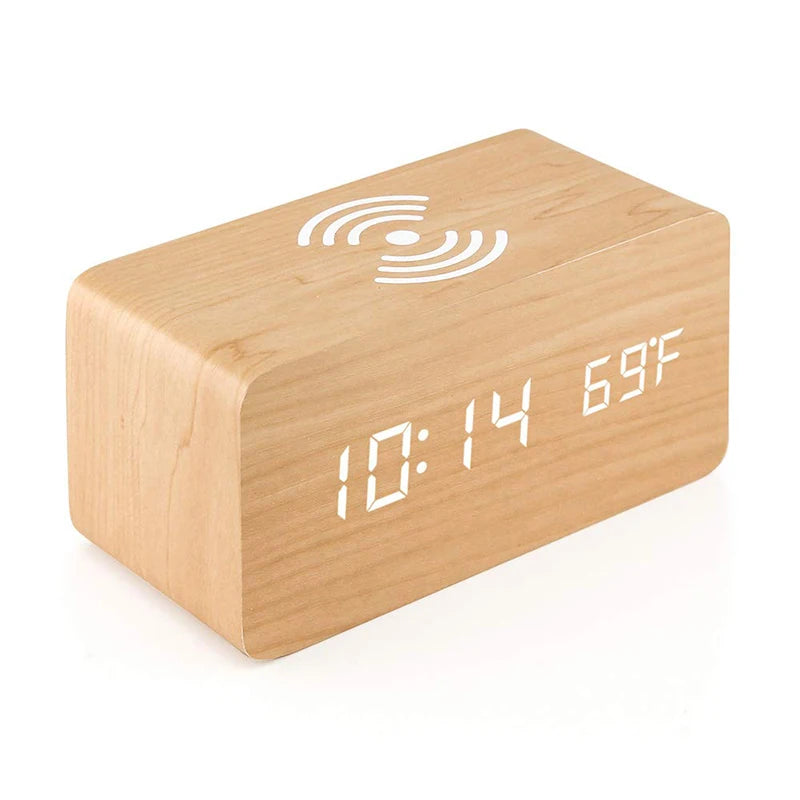 Wooden Digital Alarm Clock with Wireless Charging, LED Clock with Time