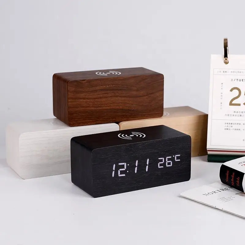 Wooden Digital Alarm Clock with Wireless Charging, LED Clock with Time