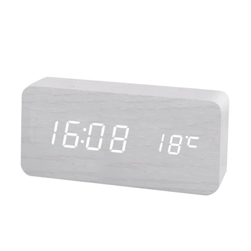 Wooden Digital Alarm Clock with Wireless Charging, LED Clock with Time