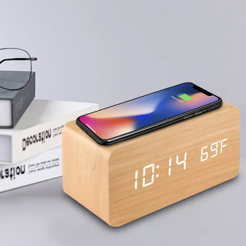 Wooden Digital Alarm Clock with Wireless Charging, LED Clock with Time
