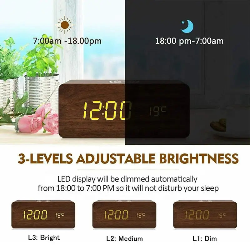 Wooden Digital Alarm Clock with Wireless Charging, LED Clock with Time