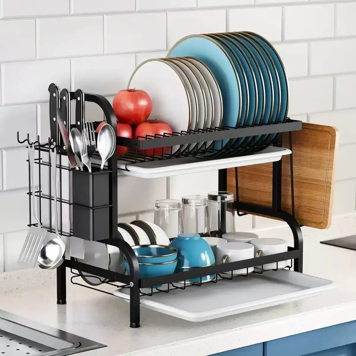 Stainless Steel Kitchen Countertop Dish Drainer with Utensil Holder