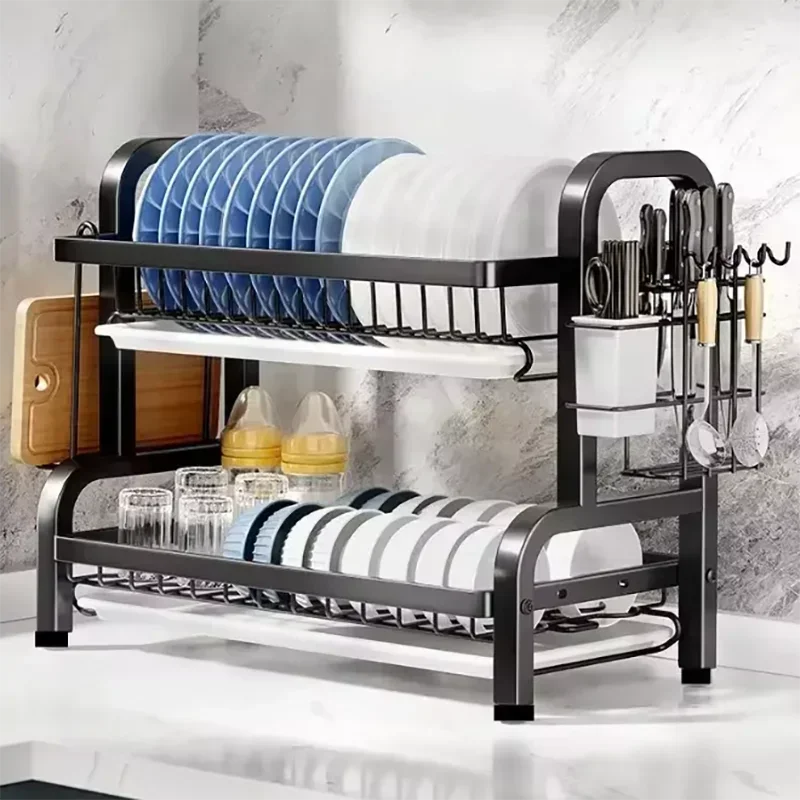 Stainless Steel Kitchen Countertop Dish Drainer with Utensil Holder